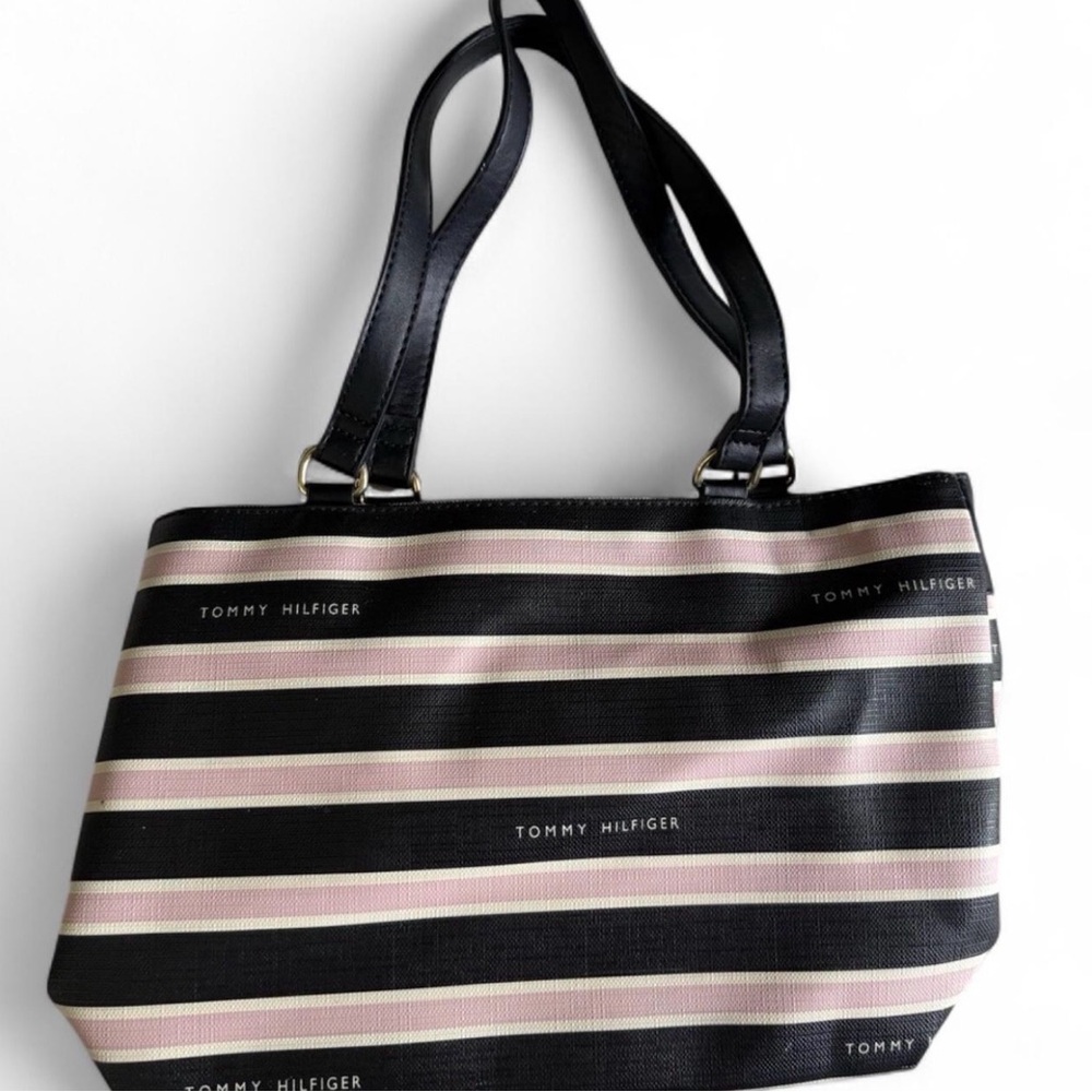 Tommy Hilfiger Black and Pink Striped Tote